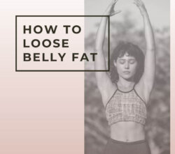 Image of woman in gym kit, on gradient pink background saying "how to lose belly fat"
